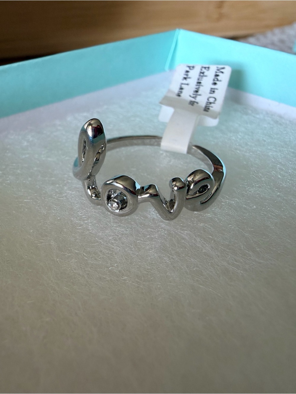 Park Lane Amour ring- size 9 Love Script Silver Tone Ring with Crystal Accent